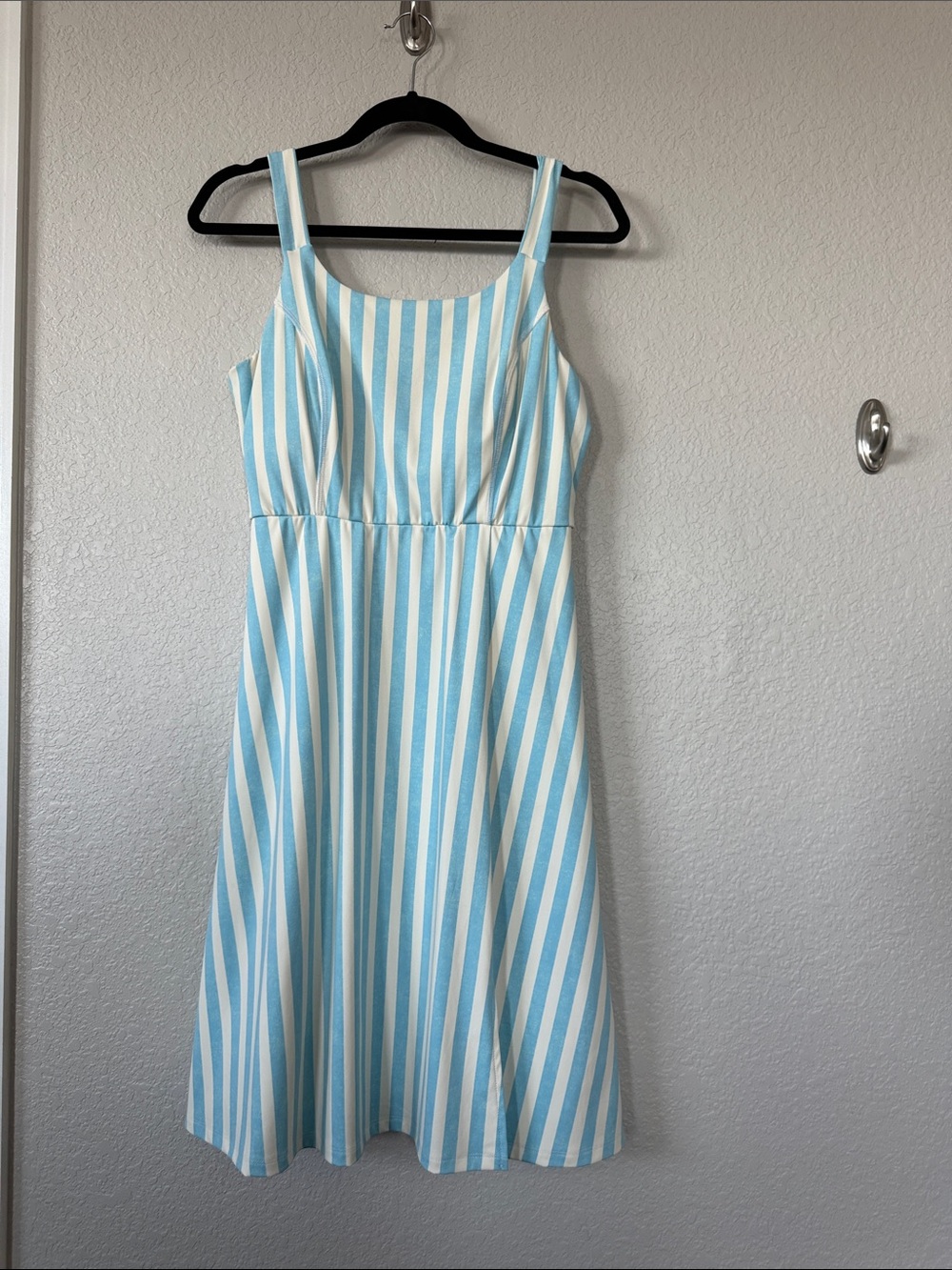 LuLaRoe Navy Cross Back Dress Sky Blue and White Striped Sundress
